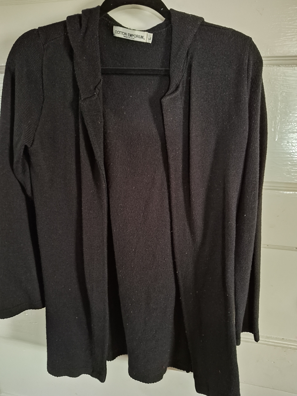 Cotton Emporium Black Open Front Hooded Cardigan Size Large CFD129